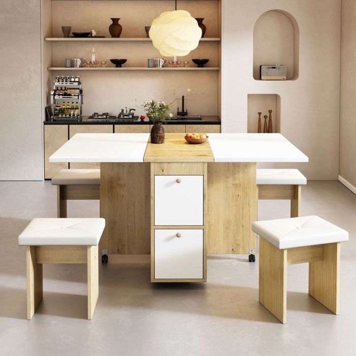 Ensemble table à manger avec 4 chaises - table pliante avec 2 tiroirs 140x80x75cm - en panneaux de particules - Blanc & Doré Ensemble table à manger avec 4 chaises - table pliante avec 2 tiroirs 140x80x75cm - en panneaux de particules - Blanc & Doré